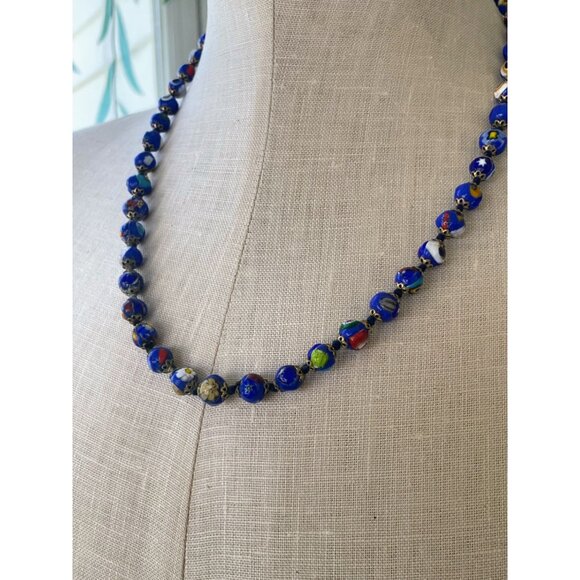 Vintage 1950s Italy Millefiori Hand knotted Glass Blue Beaded Necklace - Picture 7 of 16